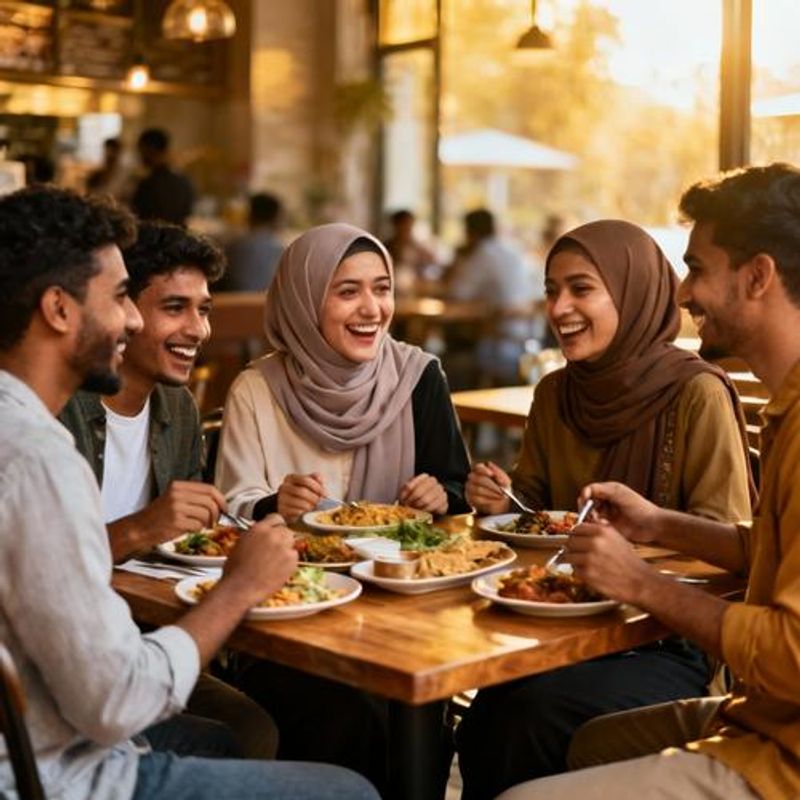 Diverse group of Muslim and non-Muslim friends sharing a meal together