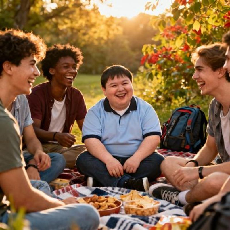 Group of diverse friends including someone with Down syndrome having fun together at a social gathering