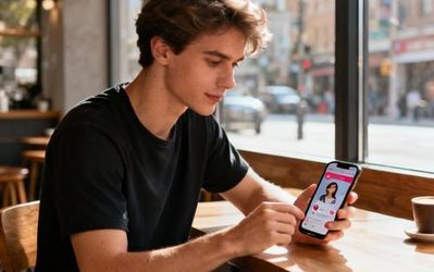 Young person using smartphone with dating app interface visible on screen