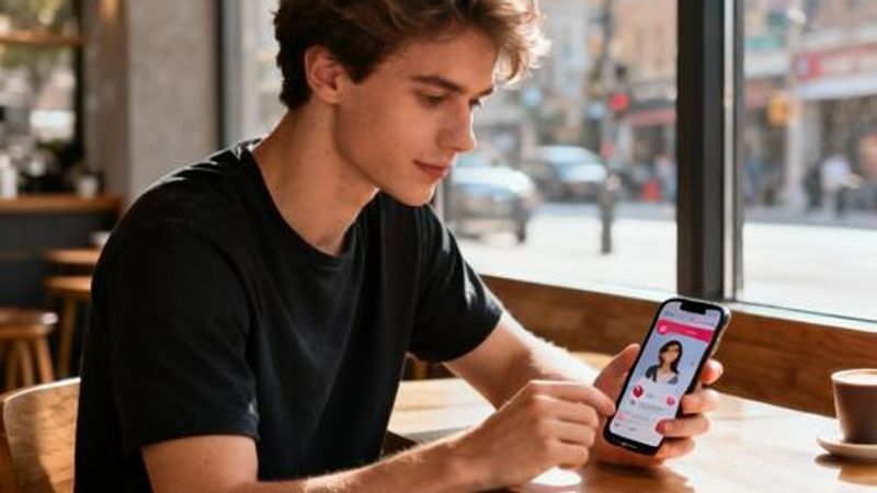 Young person using smartphone with dating app interface visible on screen