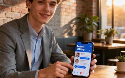 Person using smartphone with Facebook Dating app interface on screen