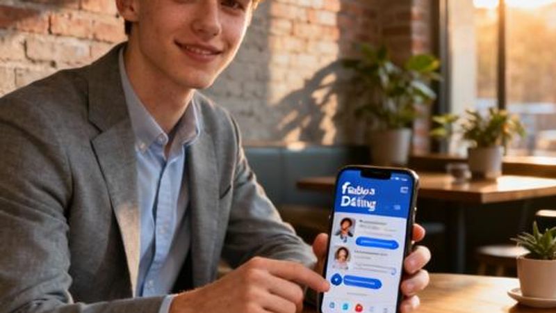 Person using smartphone with Facebook Dating app interface on screen