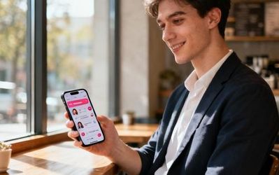 Young professional looking at dating apps on smartphone with coffee