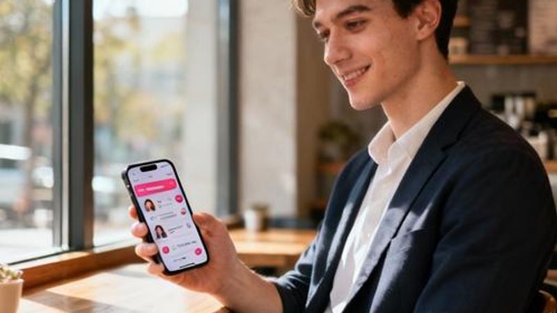 Young professional looking at dating apps on smartphone with coffee