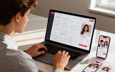 Young professional designing dating app interface on laptop with smartphone mockups