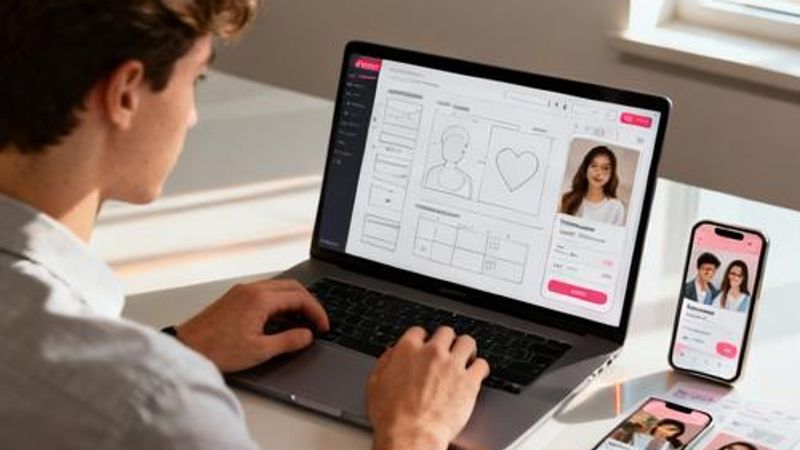 Young professional designing dating app interface on laptop with smartphone mockups