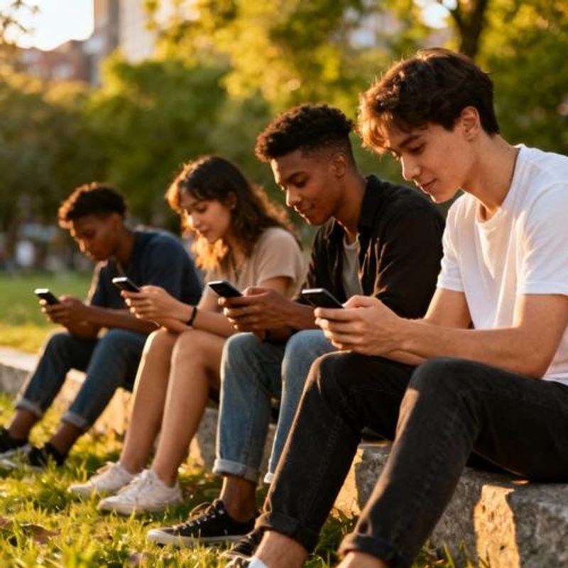 Diverse group of singles looking at their phones with dating apps
