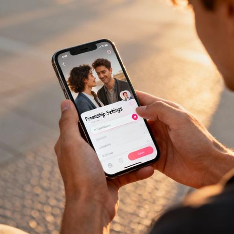 Person setting up dating app profile for friendship mode on smartphone