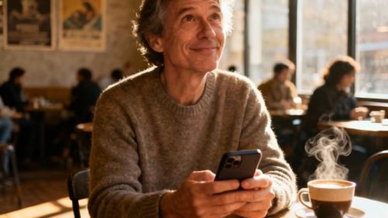 Confident divorced person using smartphone to browse dating apps while sitting in a cozy coffee shop