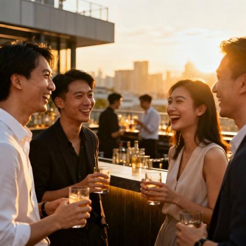 Diverse group of young Asian professionals socializing at a modern venue
