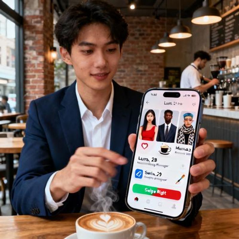 Person of color holding phone showing dating app profile with diverse match suggestions