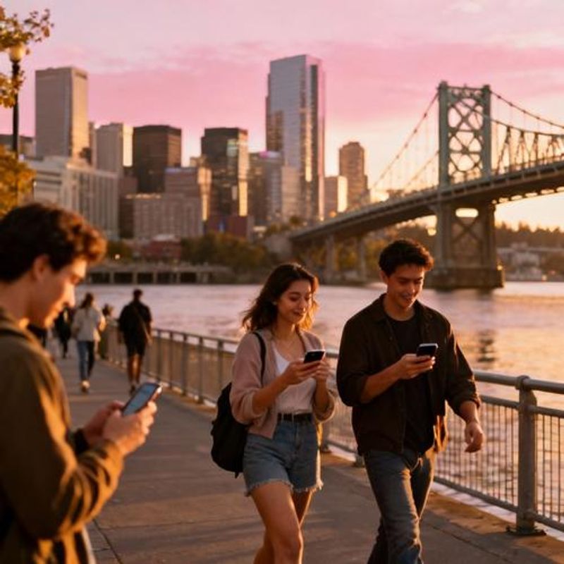 Portland skyline with bridges reflecting dating app culture
