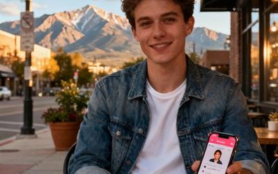 Young professional using dating app in downtown Denver with mountain view