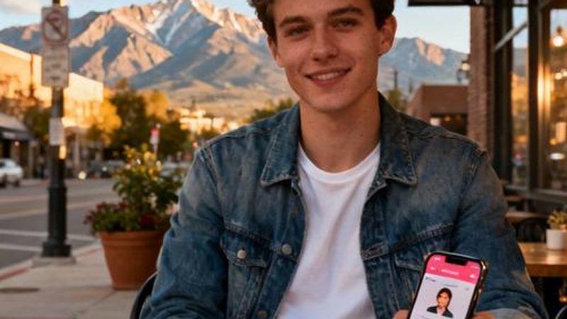 Young professional using dating app in downtown Denver with mountain view