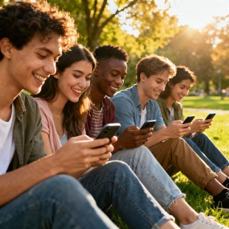 Diverse group of singles looking at phones with positive expressions