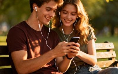 Young couple sharing earbuds listening to music together on a park bench