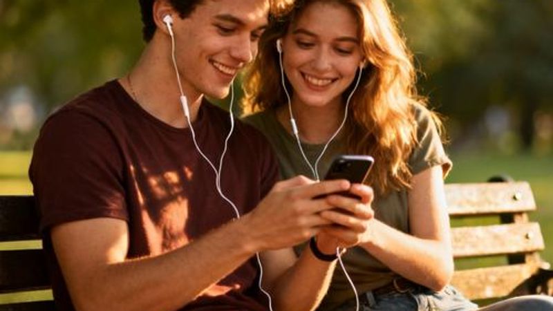 Young couple sharing earbuds listening to music together on a park bench