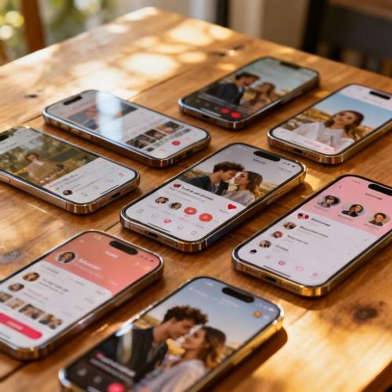Multiple smartphones displaying different dating app interfaces side by side