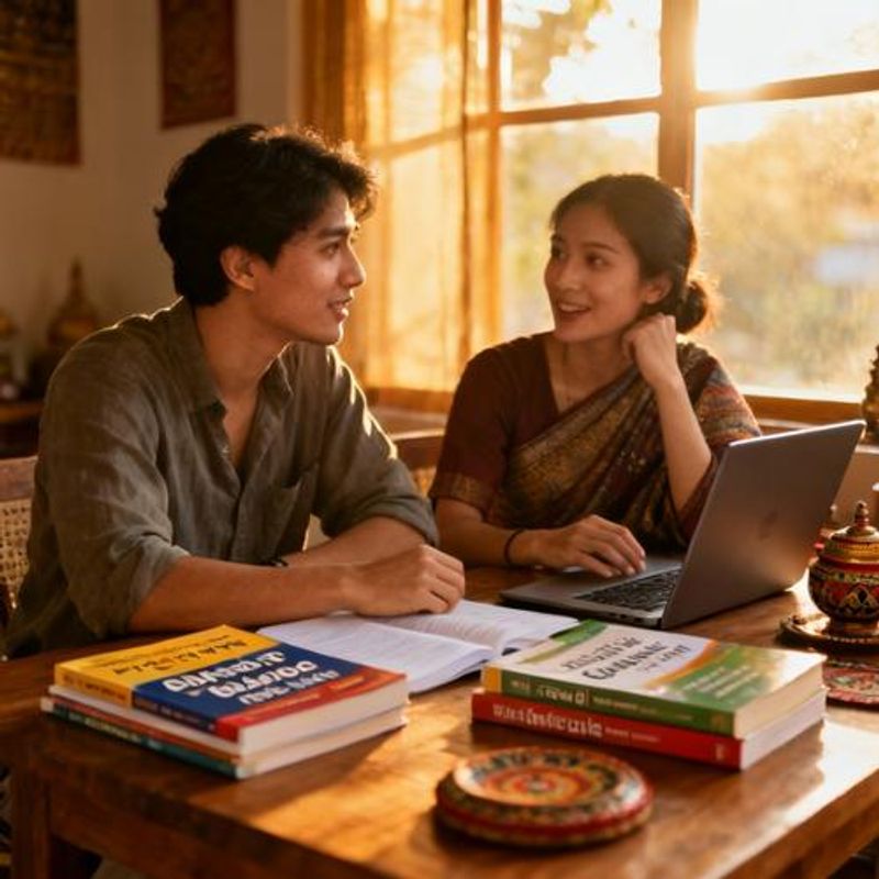 Two people from different cultures learning together with books and laptop