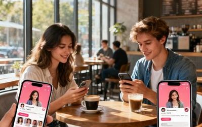 Young professionals using dating apps on smartphones in a modern coffee shop setting