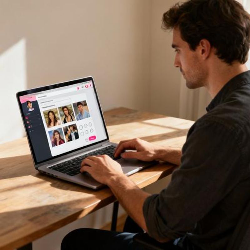 Man creating dating profile on laptop with photos and text visible on screen