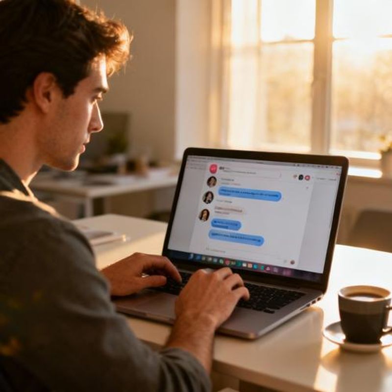 Person thoughtfully crafting dating profile message on laptop