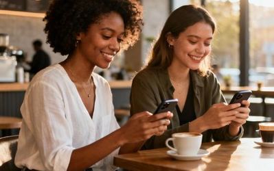 Two women having coffee and looking at smartphones, representing modern lesbian dating