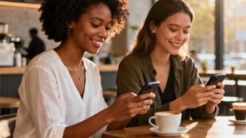 Two women having coffee and looking at smartphones, representing modern lesbian dating