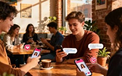 Young professionals using dating apps on their phones at a popular Austin coffee shop