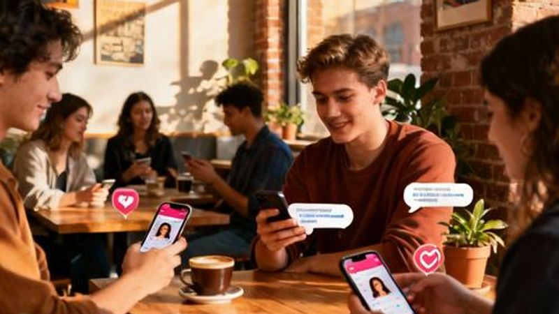 Young professionals using dating apps on their phones at a popular Austin coffee shop