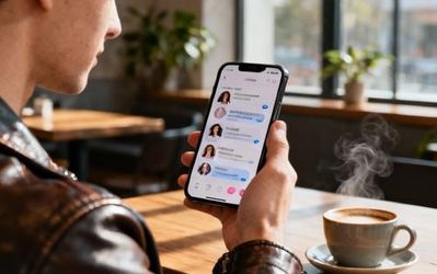 Young professional using dating app on smartphone in modern coffee shop setting