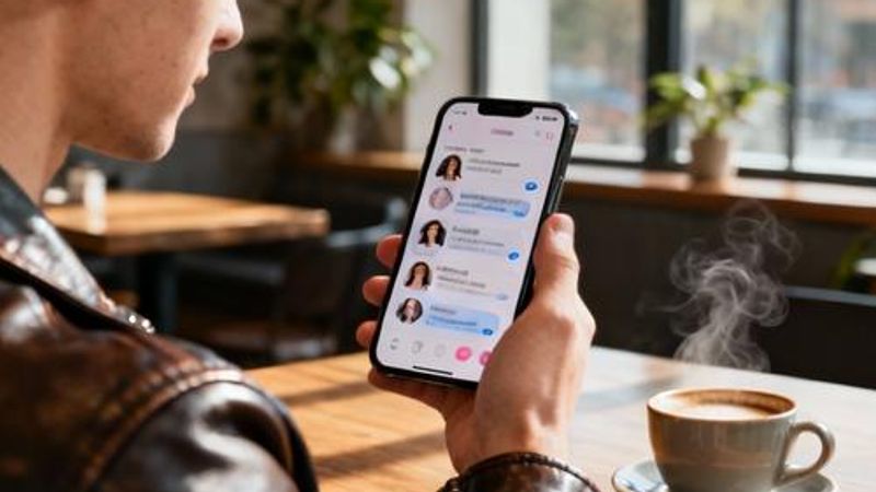 Young professional using dating app on smartphone in modern coffee shop setting