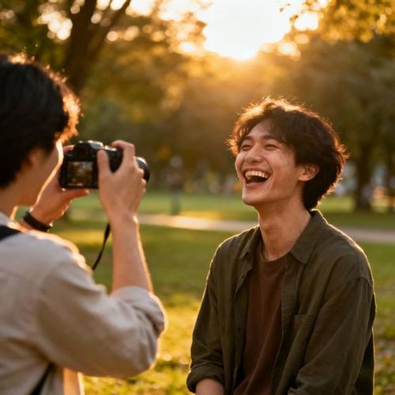 Person taking a genuine candid photo for dating profile outdoors