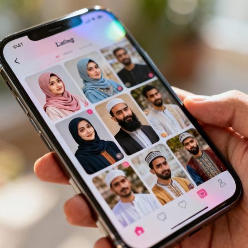 Smartphone displaying various Muslim dating apps with diverse user profiles
