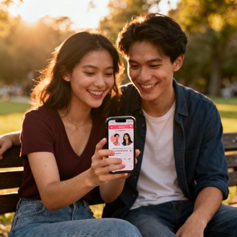 Happy couple looking at phone together showing successful dating app match