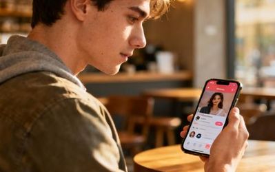 Young professional looking at Coffee Meets Bagel app on smartphone in a cozy coffee shop