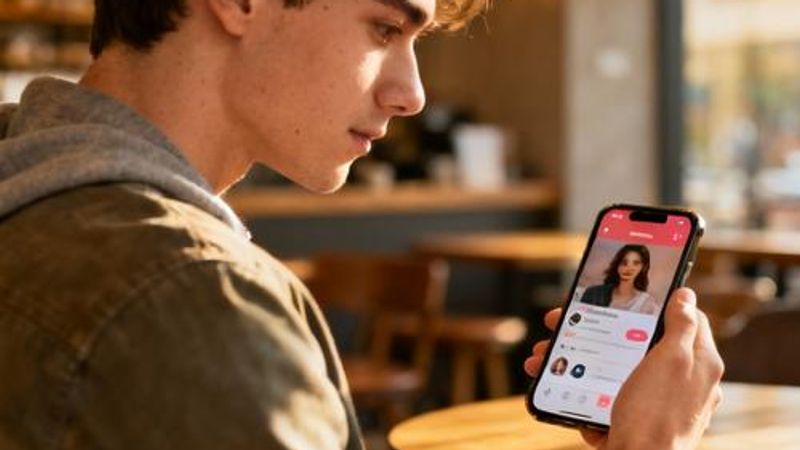 Young professional looking at Coffee Meets Bagel app on smartphone in a cozy coffee shop