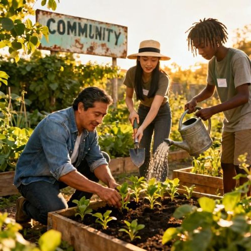 People volunteering at a community garden, working together and having conversations
