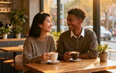Young diverse couple having coffee together in Asian city setting