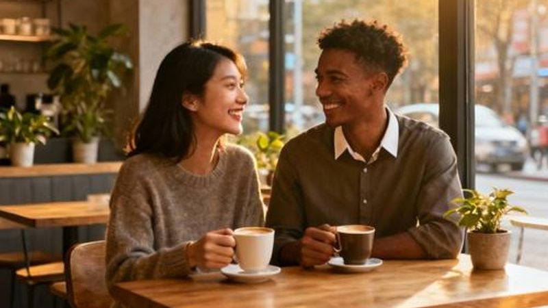 Young diverse couple having coffee together in Asian city setting