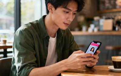Young person using smartphone with dating app interface, sitting in modern coffee shop