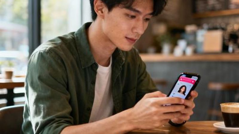 Young person using smartphone with dating app interface, sitting in modern coffee shop