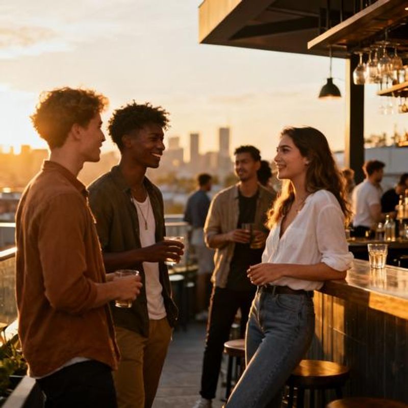 Diverse group of young adults socializing at modern urban setting