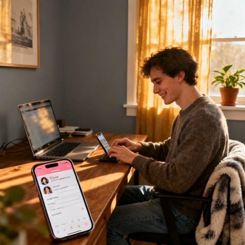 Person creating dating profile on phone with laptop nearby