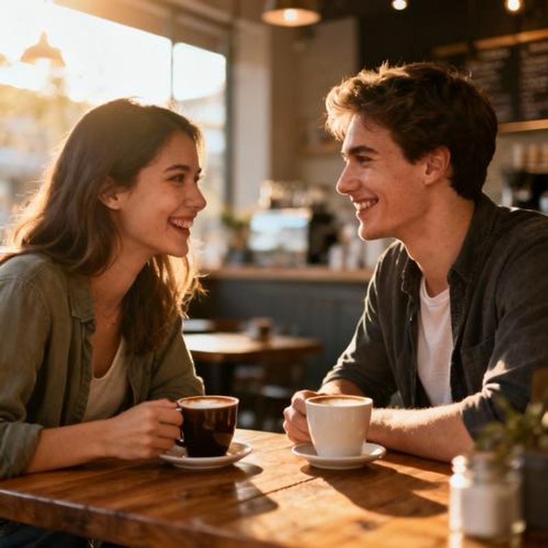 Two people meeting for coffee date, both smiling and engaged in conversation