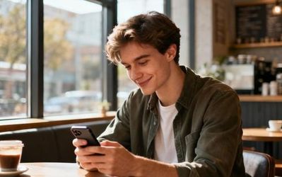 Young person using dating app on smartphone in a modern coffee shop