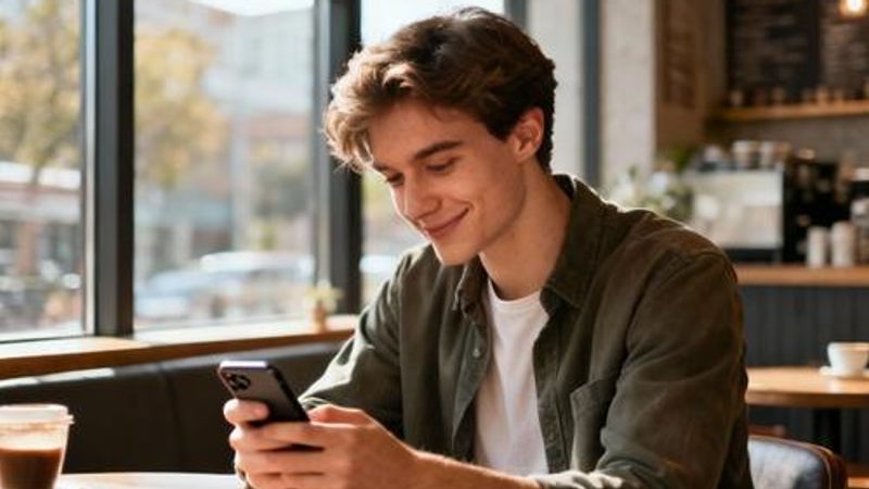 Young person using dating app on smartphone in a modern coffee shop