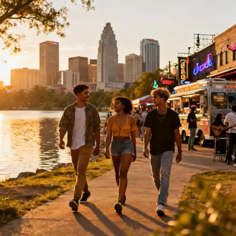 Austin Texas skyline with South by Southwest festival atmosphere and young singles socializing