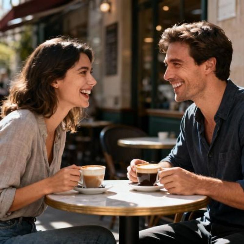 Man having coffee date conversation with woman at outdoor cafe table