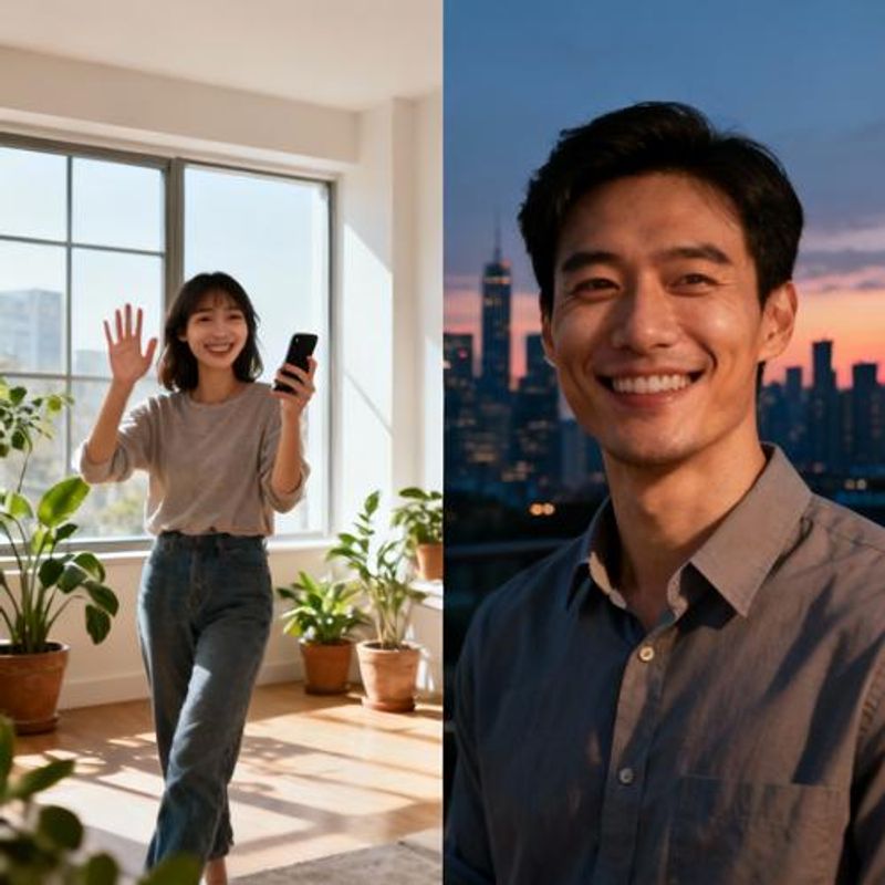 Video call between international couple on split screen